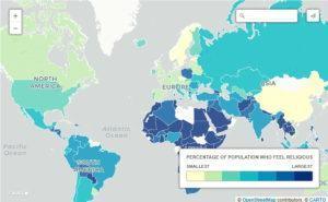 Составлена карта с наиболее и наименее религиозными странами мира